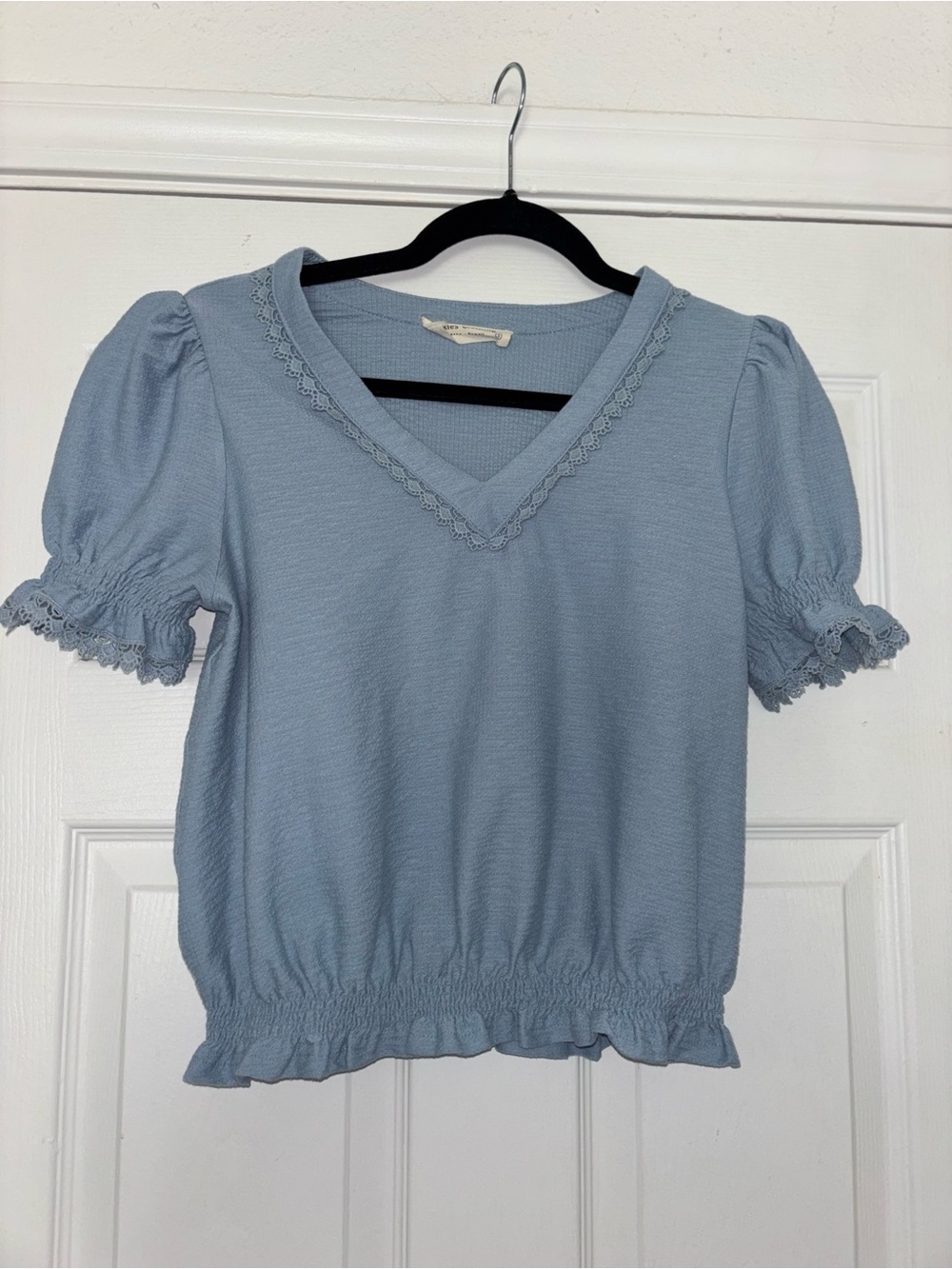 V-Neck Puff Sleeve Top in Powder Blue with Lace Trim